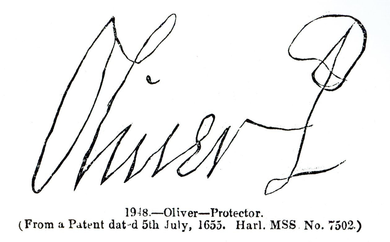 Oliver Cromwell (1599-1658) Lord Protector aláírása egy 1655. július 5-i szabadalmi kéziratból (Harl.MSS No.7502) alkotó: English School