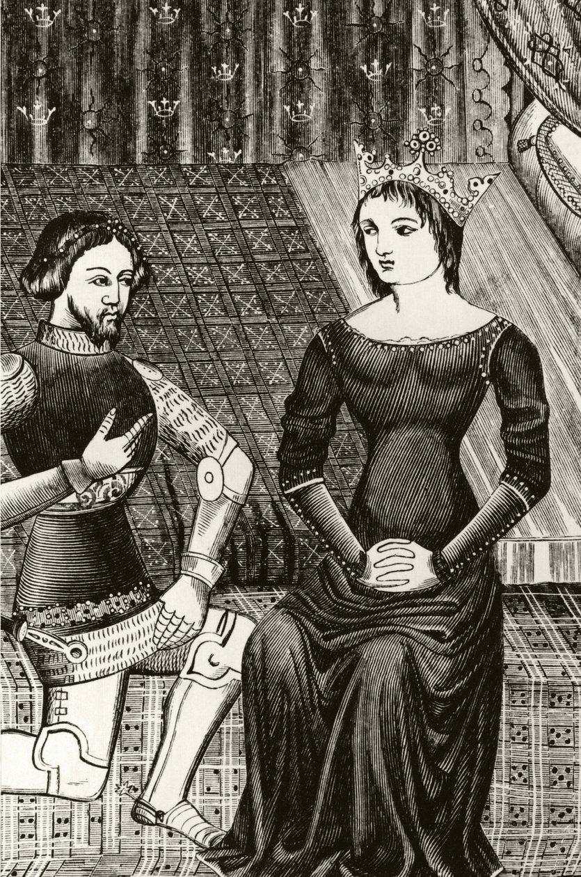 Sir Lancelot letérdel Guinevere királynő előtt, egy 12. századi miniatűr után vésve alkotó: English School