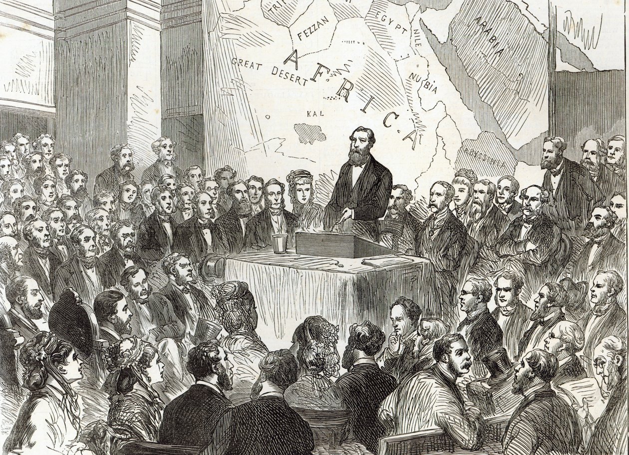 Sir Samuel Baker a Királyi Földrajzi Társaság ülésén, a „The Illustrated London News”-ból, 1873. december 20. alkotó: English School