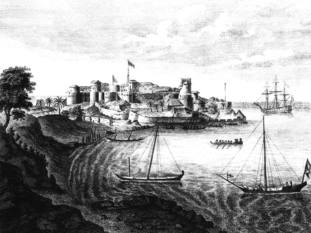 A Geriah-erőd délkeleti látképe, a kikötőhely és a bejárat Edward Ives 1773-ban kiadott "Egy utazás Indiába" című művéből. alkotó: English School
