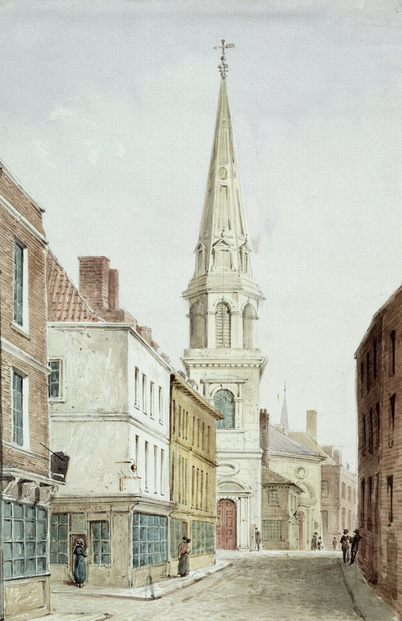 St. Antholins templom, kilátás nyugatról a Watling Street mentén, 1850 körül (wc papíron) alkotó: English School