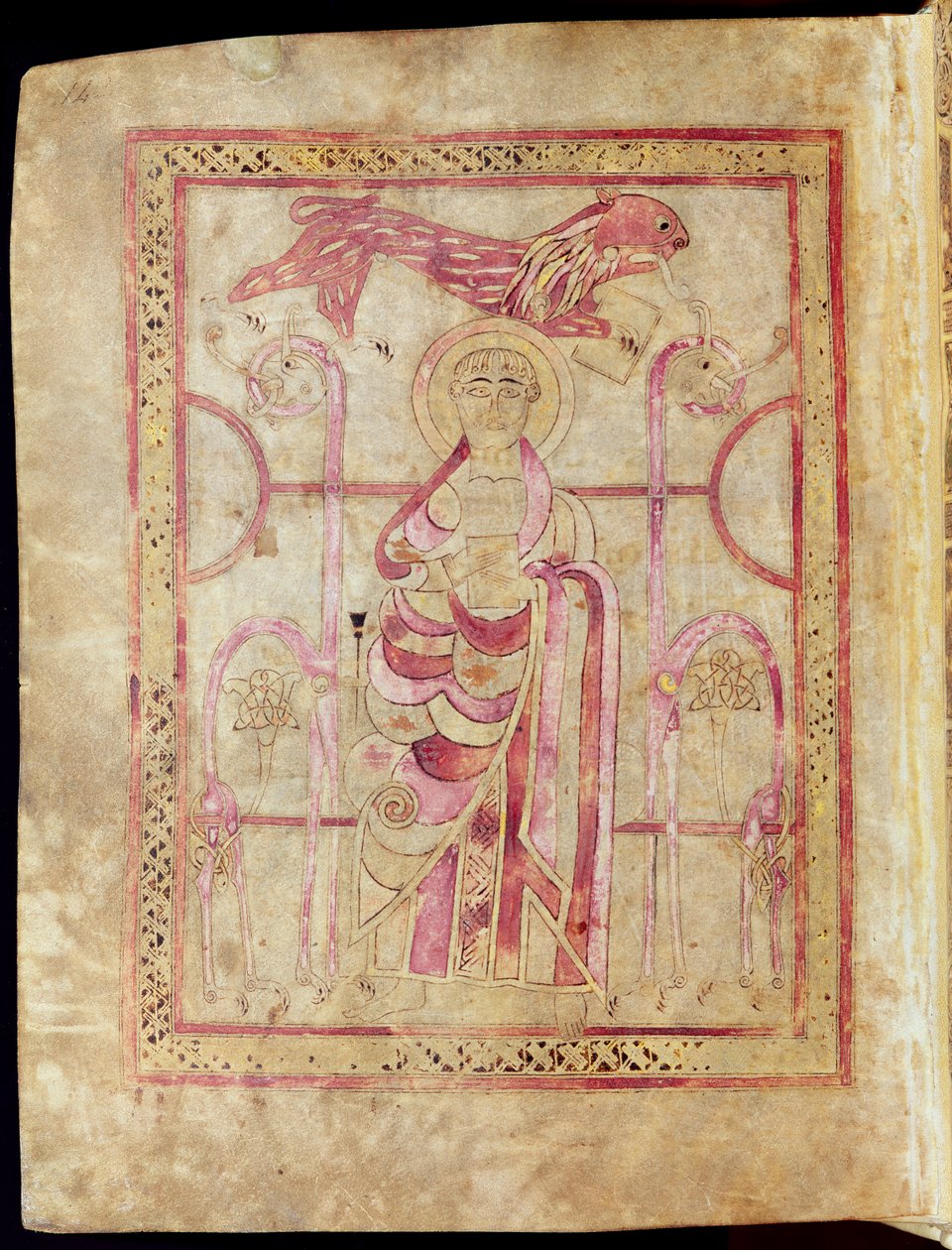 Oroszlánjával trónoló Szent Márk, Szent Márk evangéliumának címlapja, a Lichfield-evangéliumokból, 720 körül alkotó: English School