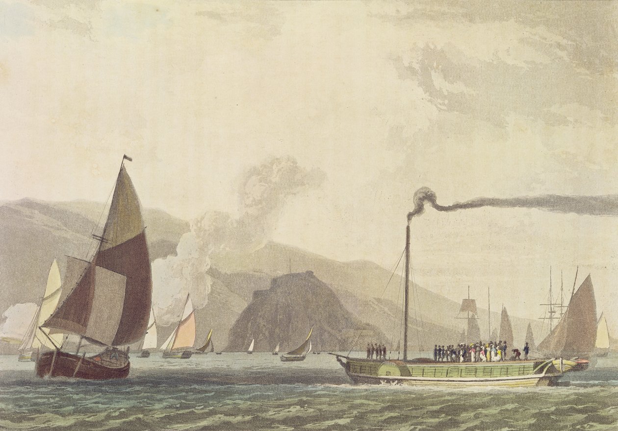 Gőzhajó a Clyde-on Dumbarton közelében, 1802 (akvatinta) alkotó: English School