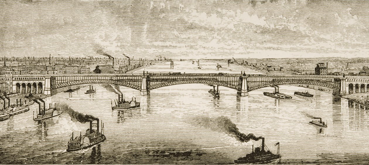 Steel Bridge Crossing the Mississippi River St. Louisban, 1874 körül, az "American Pictures"-ből, a The Religious Tract Society, 1876 alkotó: English School
