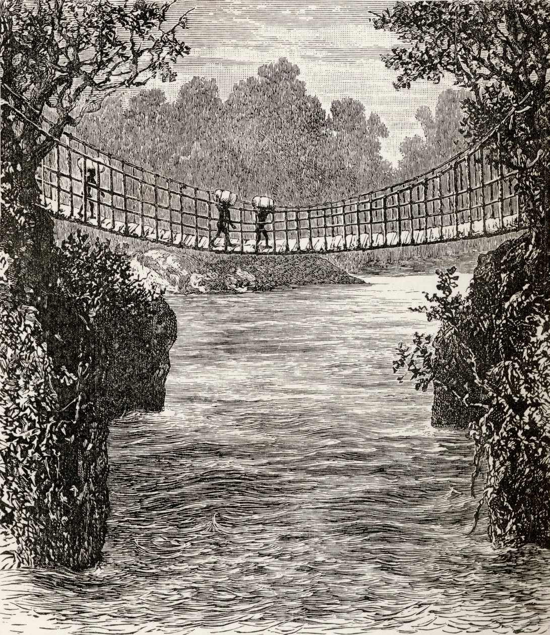 Függőhíd az Ituri folyón, Kongó, 1890 (fametszet) alkotó: English School
