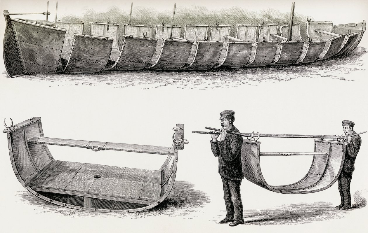 A 28 láb hosszú Advance acélhajó, amelyet szárazföldön történő szállításra terveztek, 1890 (fametszet) alkotó: English School