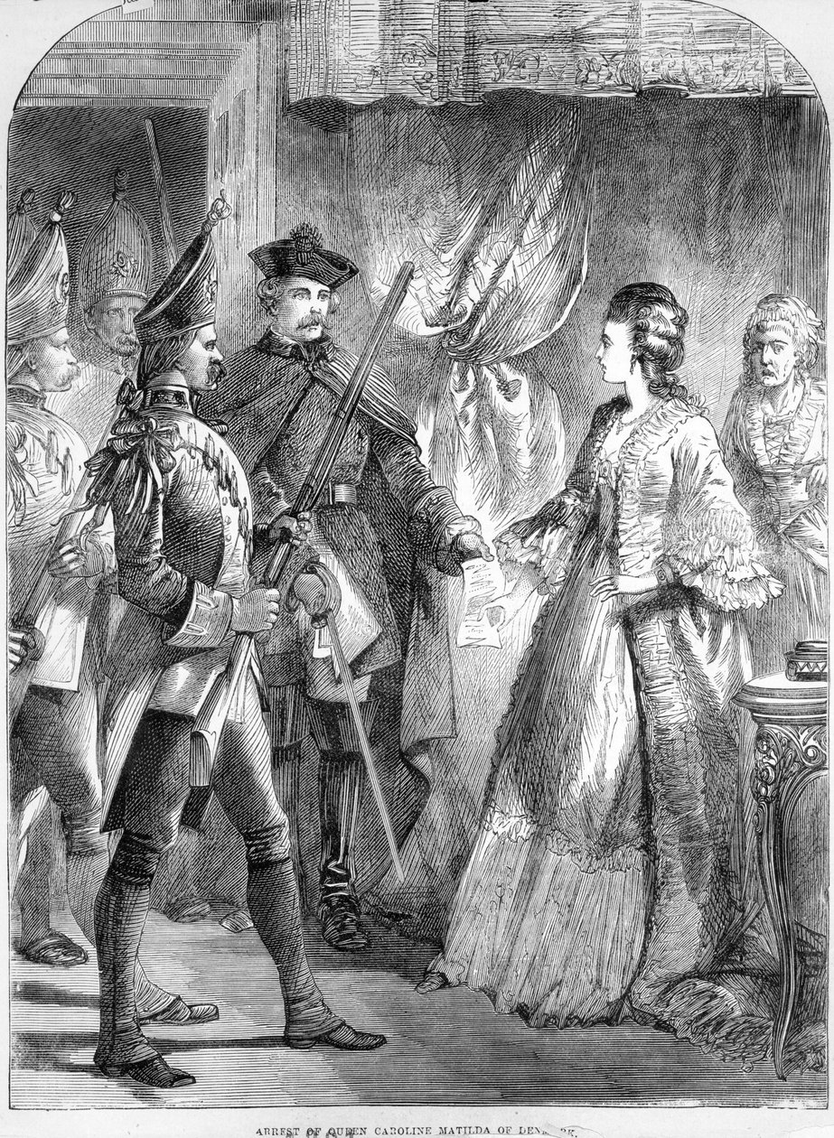 Caroline Matilda, Dánia és Norvégia királynőjének letartóztatása 1772-ben (nyomtatott) alkotó: English School