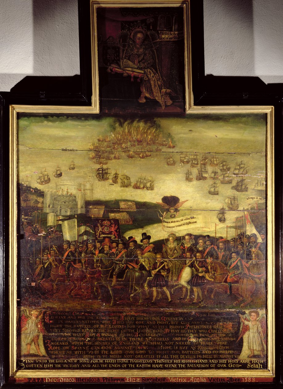 I. Erzsébet királynő (1530-1603) érkezése Tilburybe; és a Spanyol Armada veresége, bal oldali panel, az angol iskola által (17. század) alkotó: English School