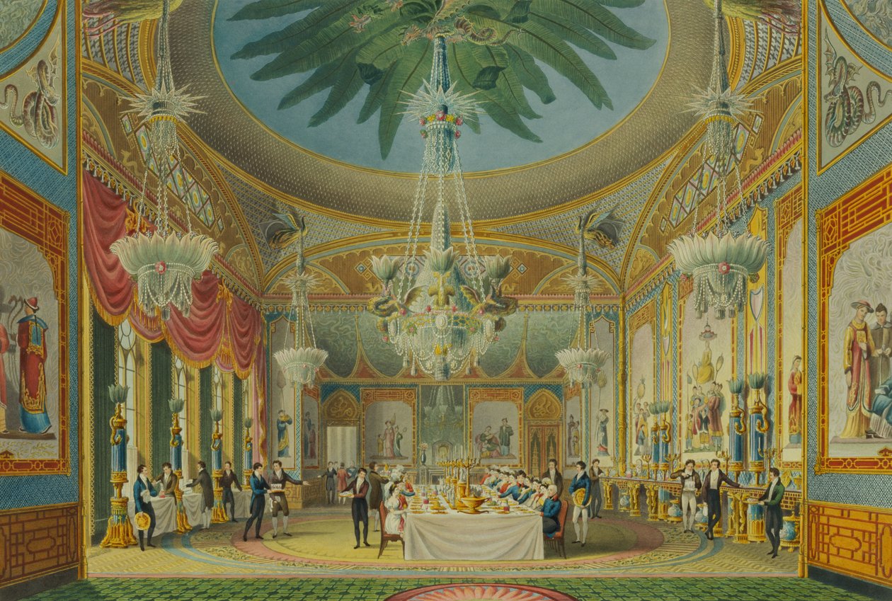 A bankettterem, John Nash (1752-1835) „A királyi pavilon kilátásai, Brighton” című művéből, 1826 (akvatinta) alkotó: English School