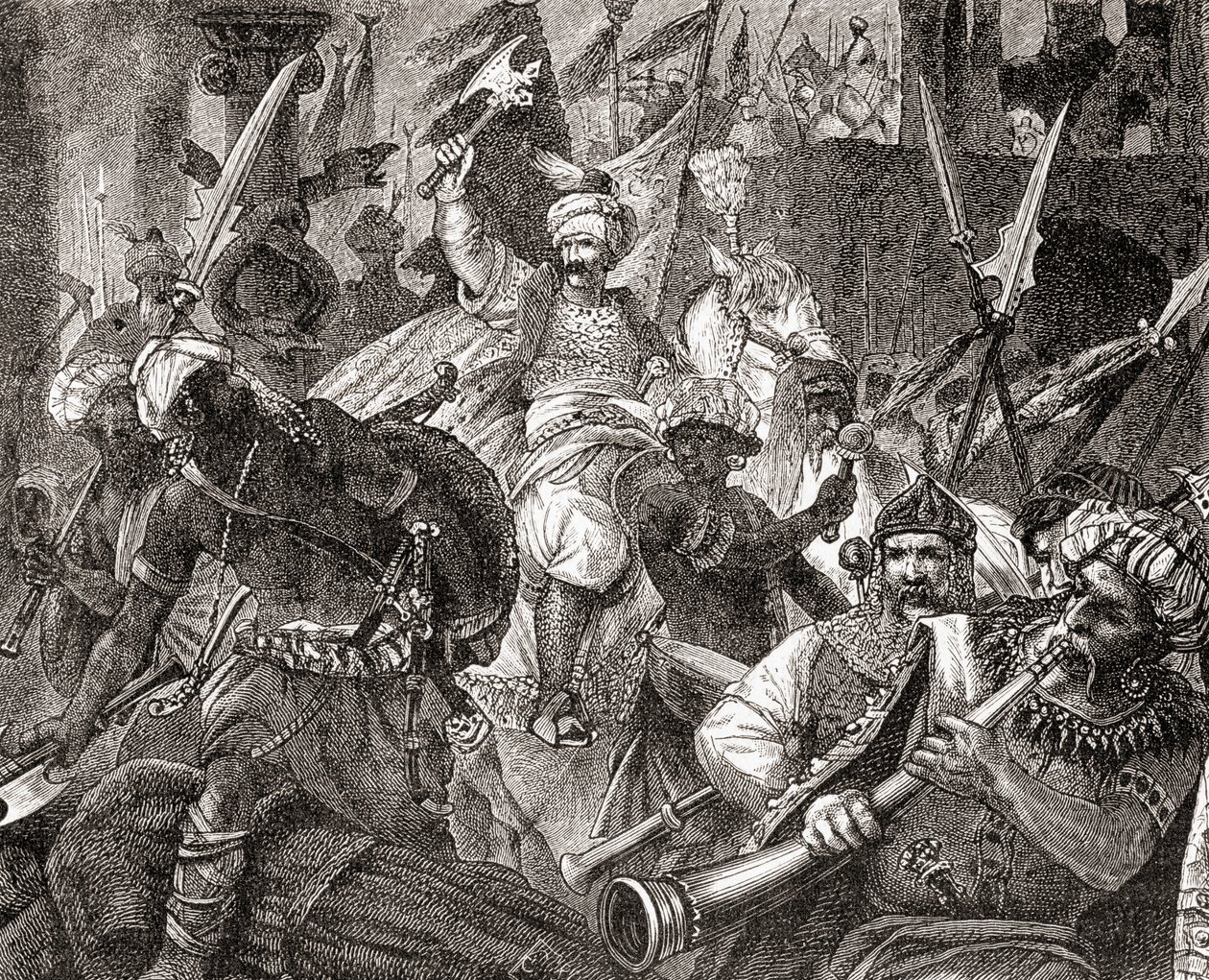 Az Alcacer Quibir-i csata, más néven Háromkirályok csata vagy Oued al-Makhazin-i csata, Észak-Marokkó, 1578. augusztus 4., Ward and Locks Illustrated History of the World, pub. 1882 körül alkotó: English School