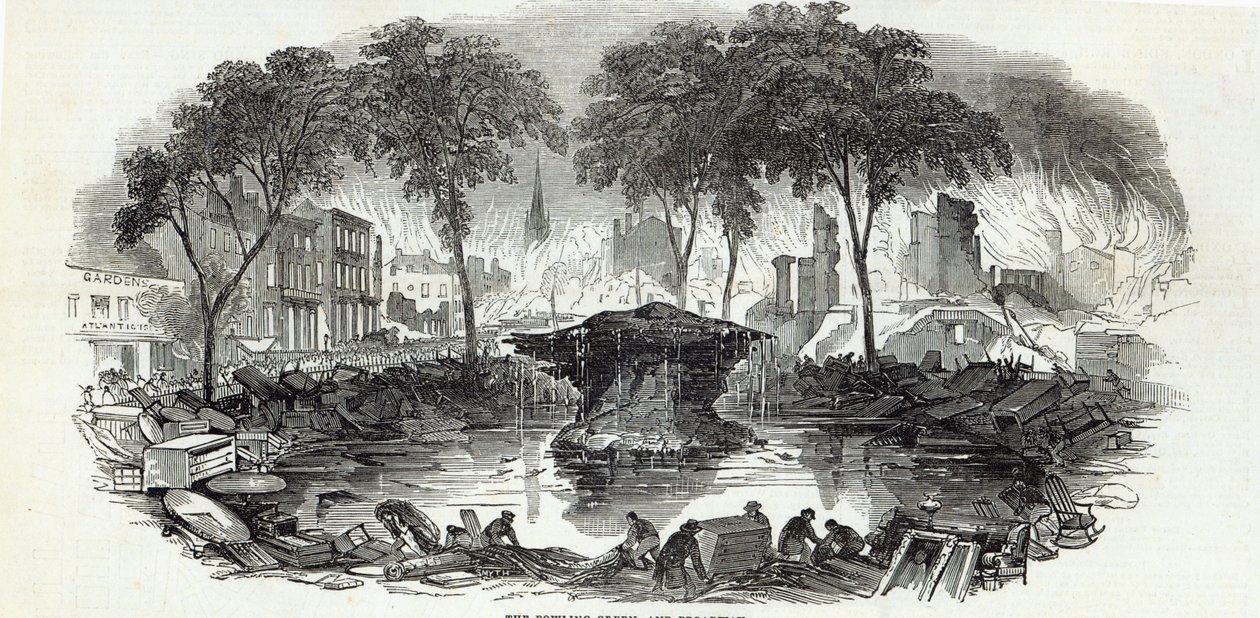 The Bowling-green és Broadway, New York, a The Illustrated London Newsból, 1845. augusztus 23. alkotó: English School