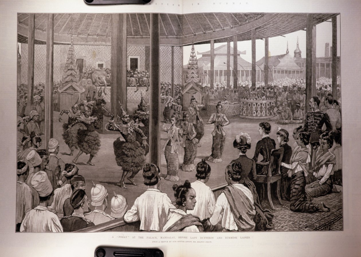 A britek Burmában: Szegények a palotában, Mandalay, Lady Dufferin és Burmese Ladies előtt, a The Illustrated London News-ból, 1886. április 17. alkotó: English School