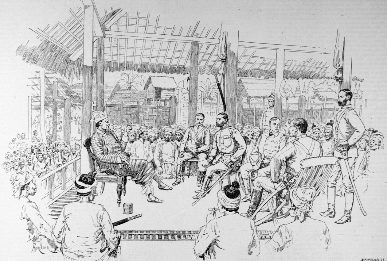 Burmah-expedíció: Prendergast tábornok, hív a Burmah-háborúban, a „The Illustrated London News”-ból, 1886. február 20. alkotó: English School