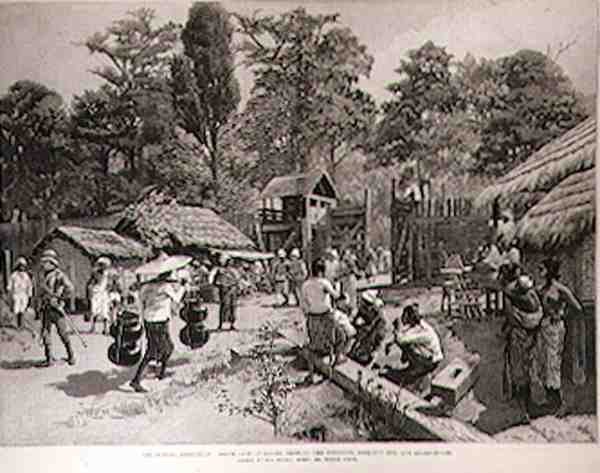 Burmah-expedíció: Bhamo déli kapuja, amely bemutatja a raktárt, a kilátót és az őrházat, a The Illustrated London Newsból, 1886. június 3. alkotó: English School