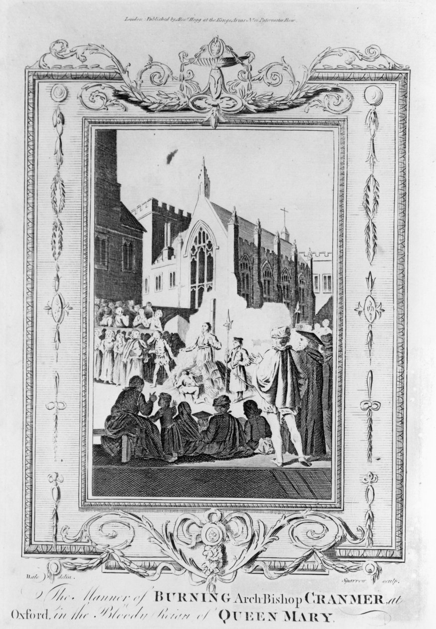 Thomas Cranmer érsek (1489-1556) égése Oxfordban Mária királynő véres uralkodása idején (1516-58), vésette Thomas Sparrow (1765-84) alkotó: English School