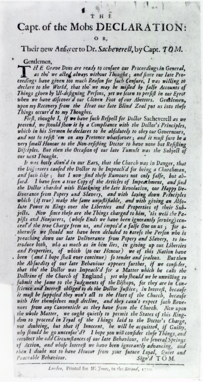 A csőcselékkapitány nyilatkozata vagy: Új válaszuk Dr. Sacheverellnek, Tom kapitány, 1710 (nyomtatott) alkotó: English School