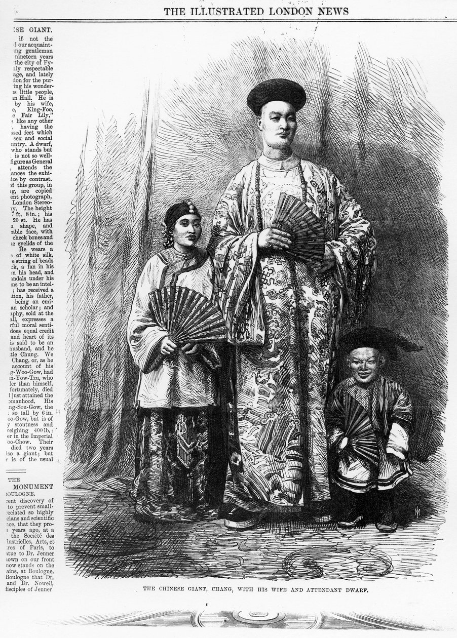 A kínai óriás, Chang feleségével és kísérő törpével, megjelent a The Illustrated London News-ban, 1865. szeptember 30. alkotó: English School
