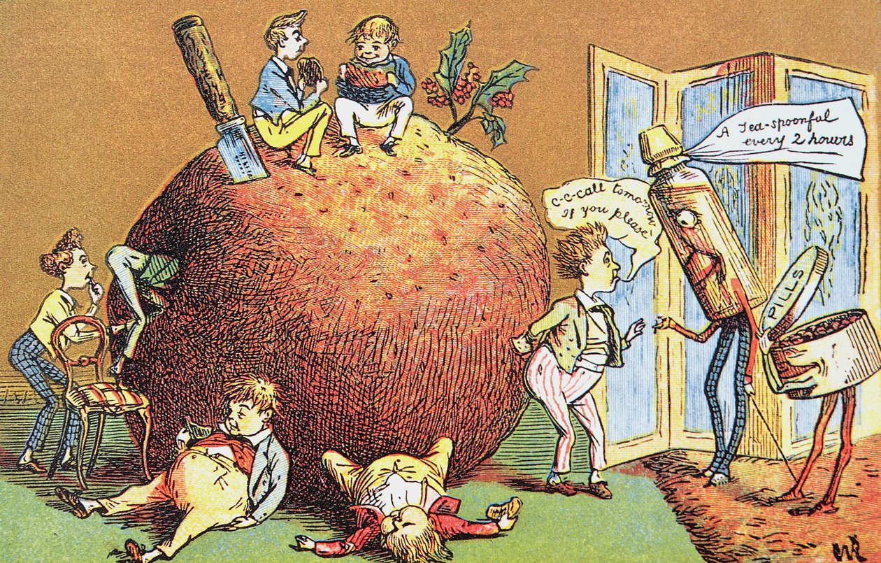 A karácsonyi puding, egy viktoriánus karácsonyi üdvözlőlap (színes gravírozás) alkotó: English School