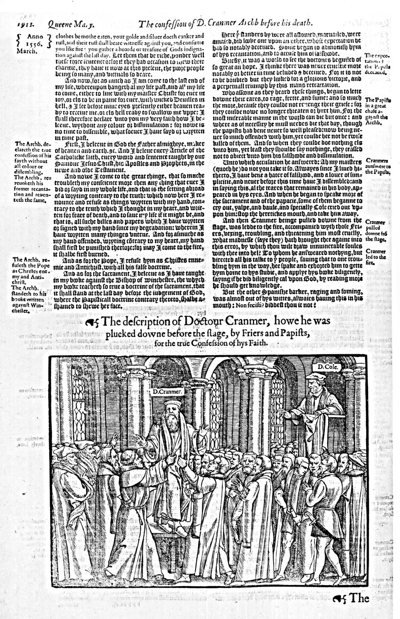 Doktor Thomas Cranmer (1489-1556) canterburyi érsek hitvallása halála előtt John Foxe (1516-87) „Cselekedetei és emlékművei” című könyvéből 1563 alkotó: English School
