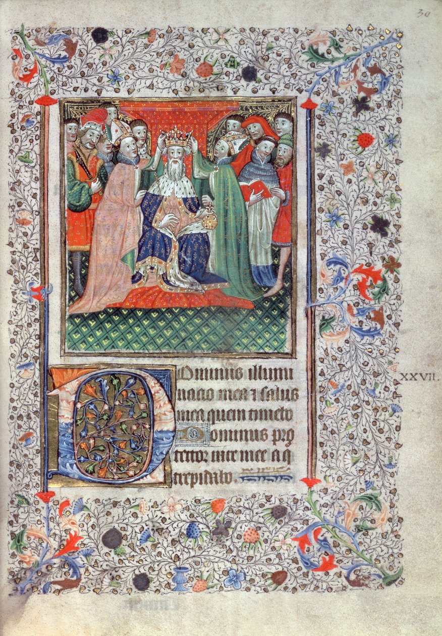 Dávid megkoronázása, a Plantagenet Zsoltárból, London, 1430-40 körül alkotó: English School