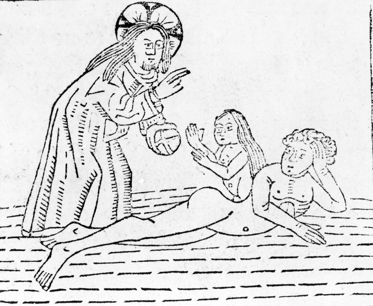 Az ember teremtése, illusztráció a világ tüköréből, William Caxton 1481-ben alkotó: English School