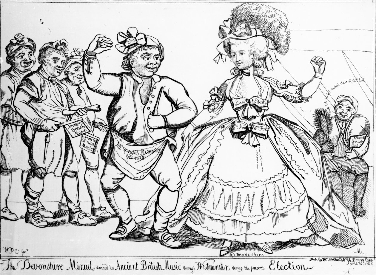 A Devonshire Menüett, az ókori brit zenére táncolva Westminsteren keresztül a választások alatt, William Paulet Carey nyomatát készítette, 1784 alkotó: English School