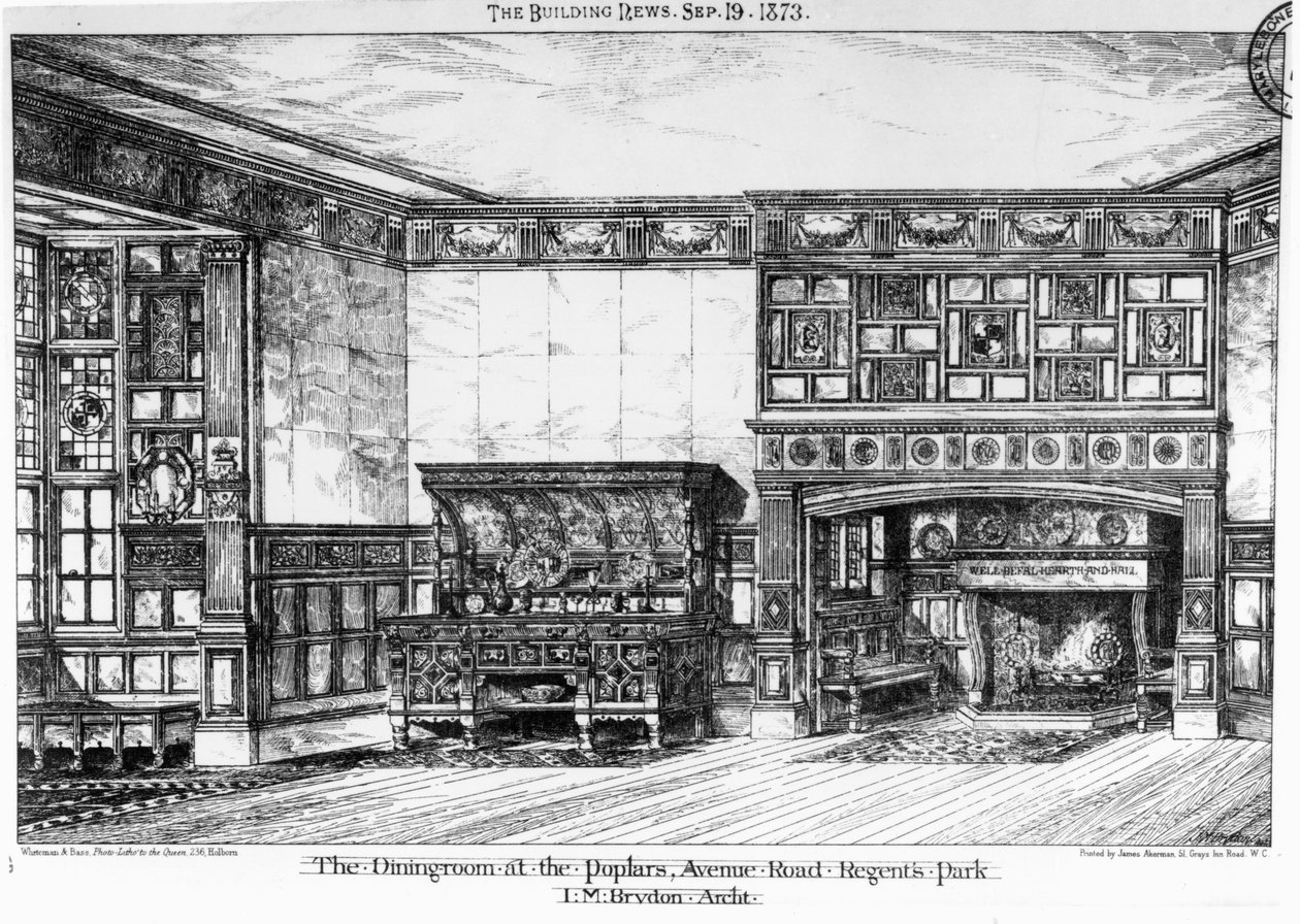 The Dining Room at the Poplars, Avenue Road, Regents Park, The Building News, 1873. szeptember 19. alkotó: English School