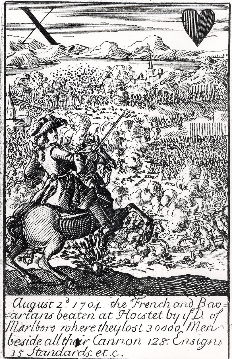 Marlborough hercege legyőzi a franciákat és a bajorokat a blenheimi csatában, 1704. augusztus 2., angol játékkártya alkotó: English School