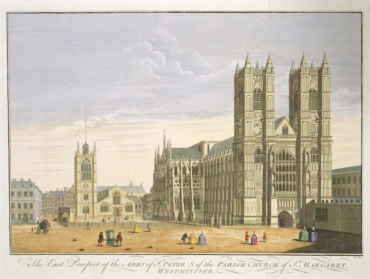 A Szent Péter-apátság keleti kilátása és a Westminster-i Szent Margit plébániatemplom, B. Cole metszete (fl.1748-75) alkotó: English School