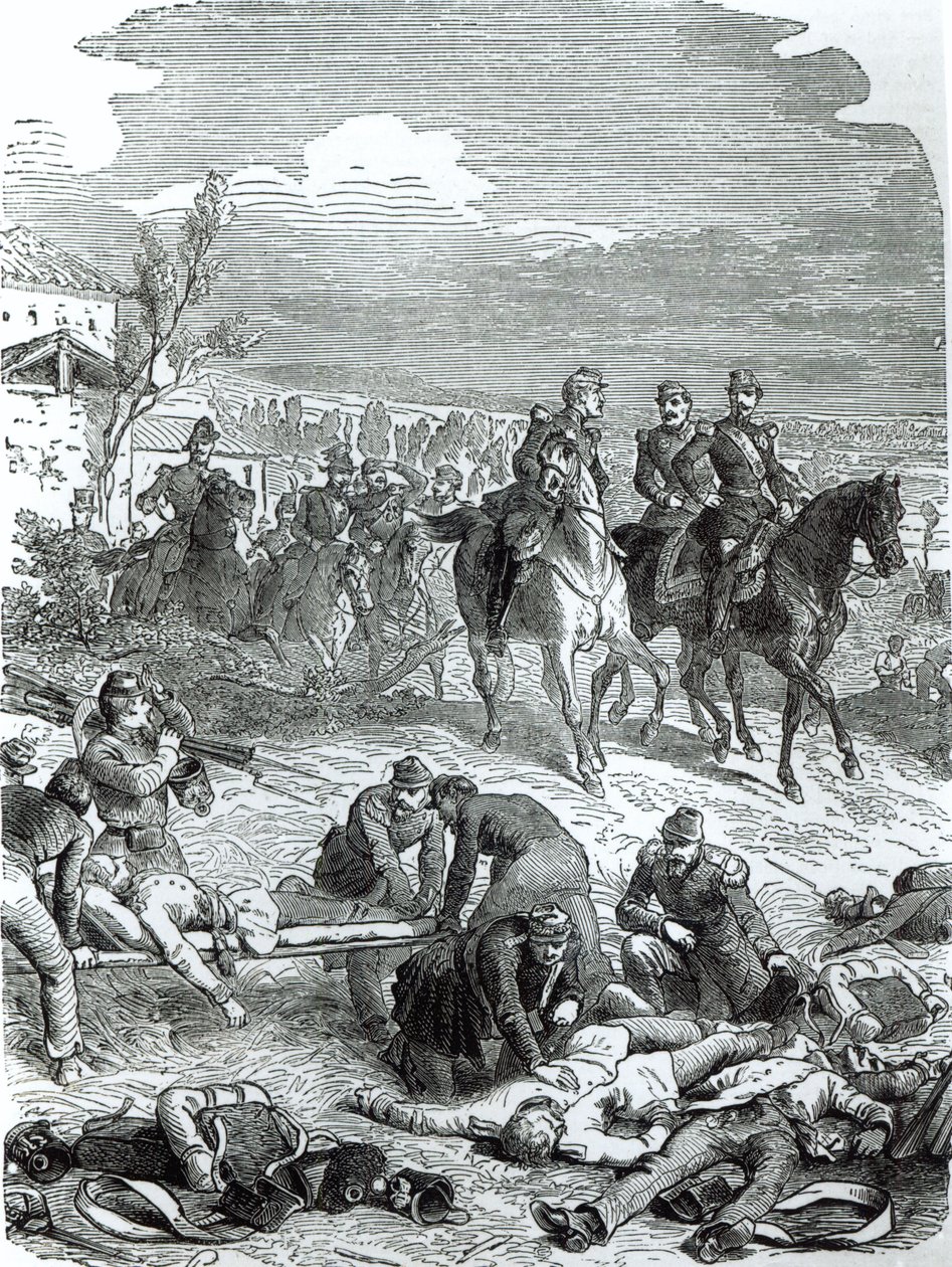 III. Napóleon császár a csata mezején, Solferinóban, 1859. június 24. alkotó: English School