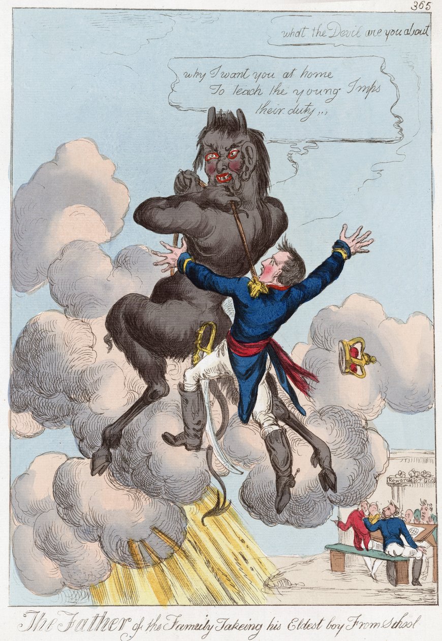 A családapa elviszi legidősebb fiúját az iskolából, kocsmából. 1814 (kézzel színezett metszet) alkotó: English School