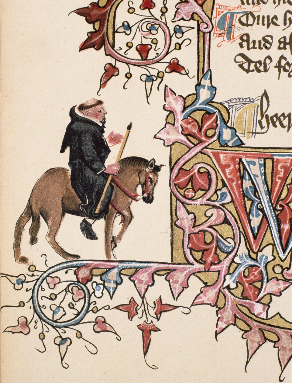 The Friar, részlet a Canterbury-mesékből, Geoffrey Chaucer (kb. 1342-1400) Ellesmere-kézirat, fakszimile kiadás, 1911 (az eredeti részleteket lásd: 128933) alkotó: English School