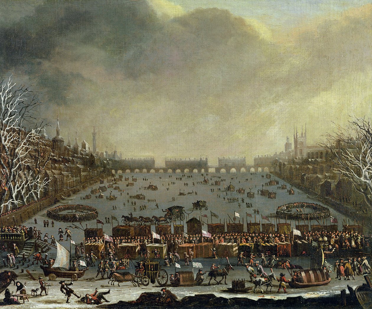 Az 1683-4. téli fagyvásár a Temzén, az Old London Bridge-vel a távolban. 1685 körül alkotó: English School