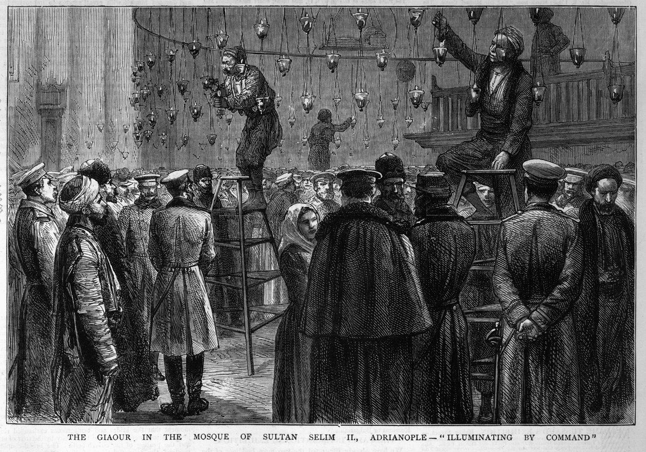 A Giaour II. Szelim szultán mecsetében, Adrianopoly: „Illuminating by Command”, a „The Graphic”-ból, 1878. március alkotó: English School
