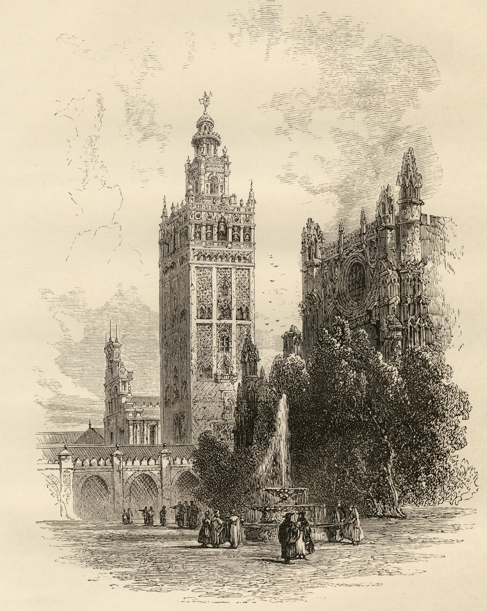 A Giralda, Sevilla, Spanyolország, Samuel Manning tiszteletes „Spanish Pictures” című művéből, 1870-ben jelent meg alkotó: English School