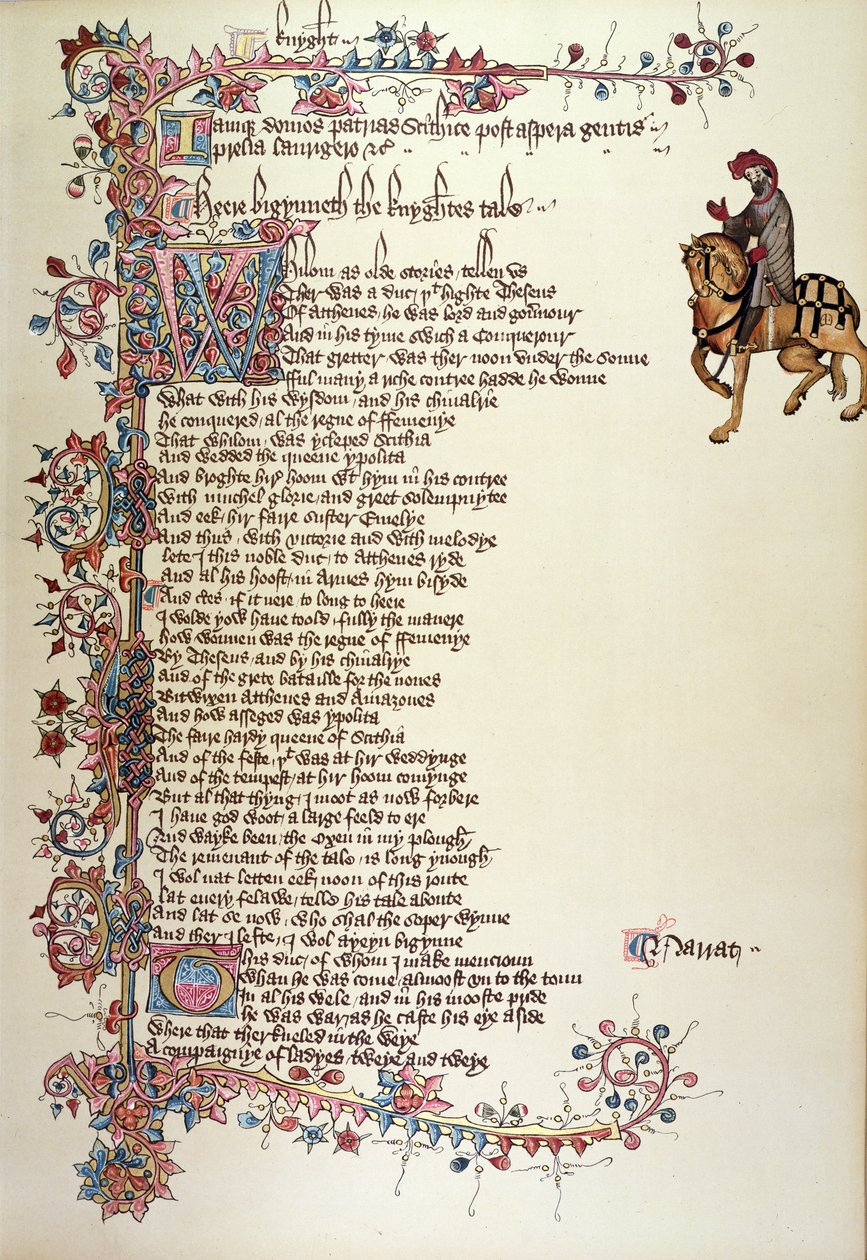 A lovag, részlet a Canterbury-mesékből, Geoffrey Chaucer (c.1342-1400) Ellesmere-kézirat, fakszimile kiadás, 1911 (az eredeti részleteket lásd: 128937) alkotó: English School