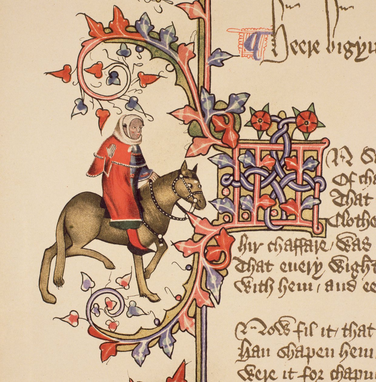 A törvény embere, részlet a Canterbury-mesékből, Geoffrey Chaucer (c.1342-1400) Ellesmere-kézirat, fakszimile kiadás, 1911 (az eredeti részleteket lásd: 128931) alkotó: English School