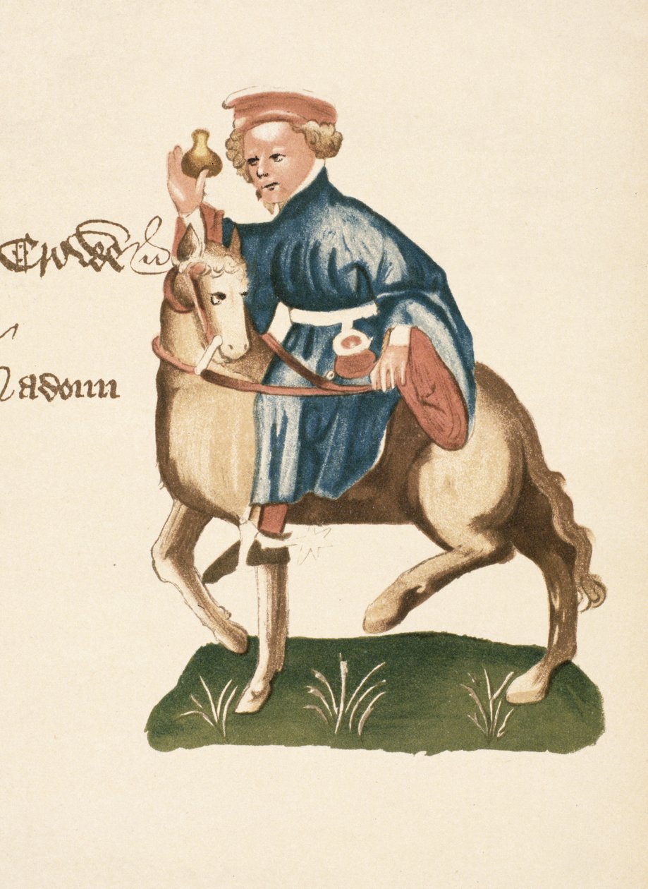 The Manciple, részlet a Canterbury-mesékből, Geoffrey Chaucer (c.1342-1400) Ellesmere-kézirat, fakszimile kiadás, 1911 (az eredeti részleteket lásd: 128924) alkotó: English School