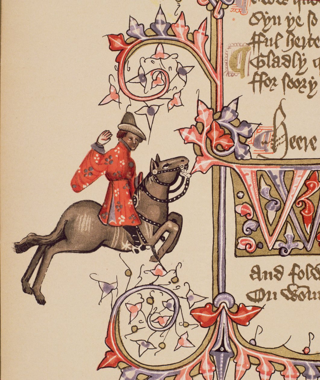A kereskedő, részlet a Canterbury-mesékből, Geoffrey Chaucer (c.1342-1400) Ellesmere-kézirat, fakszimile kiadás, 1911 (az eredeti részleteket lásd: 128920) alkotó: English School