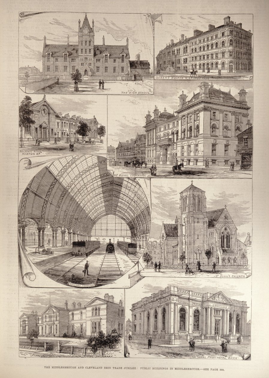 A Middlesbrough és Cleveland Iron Trade Jubileuma: Középületek Middlesbroughban, a „The Illustrated London News”-ból, 1881. augusztus 10. alkotó: English School