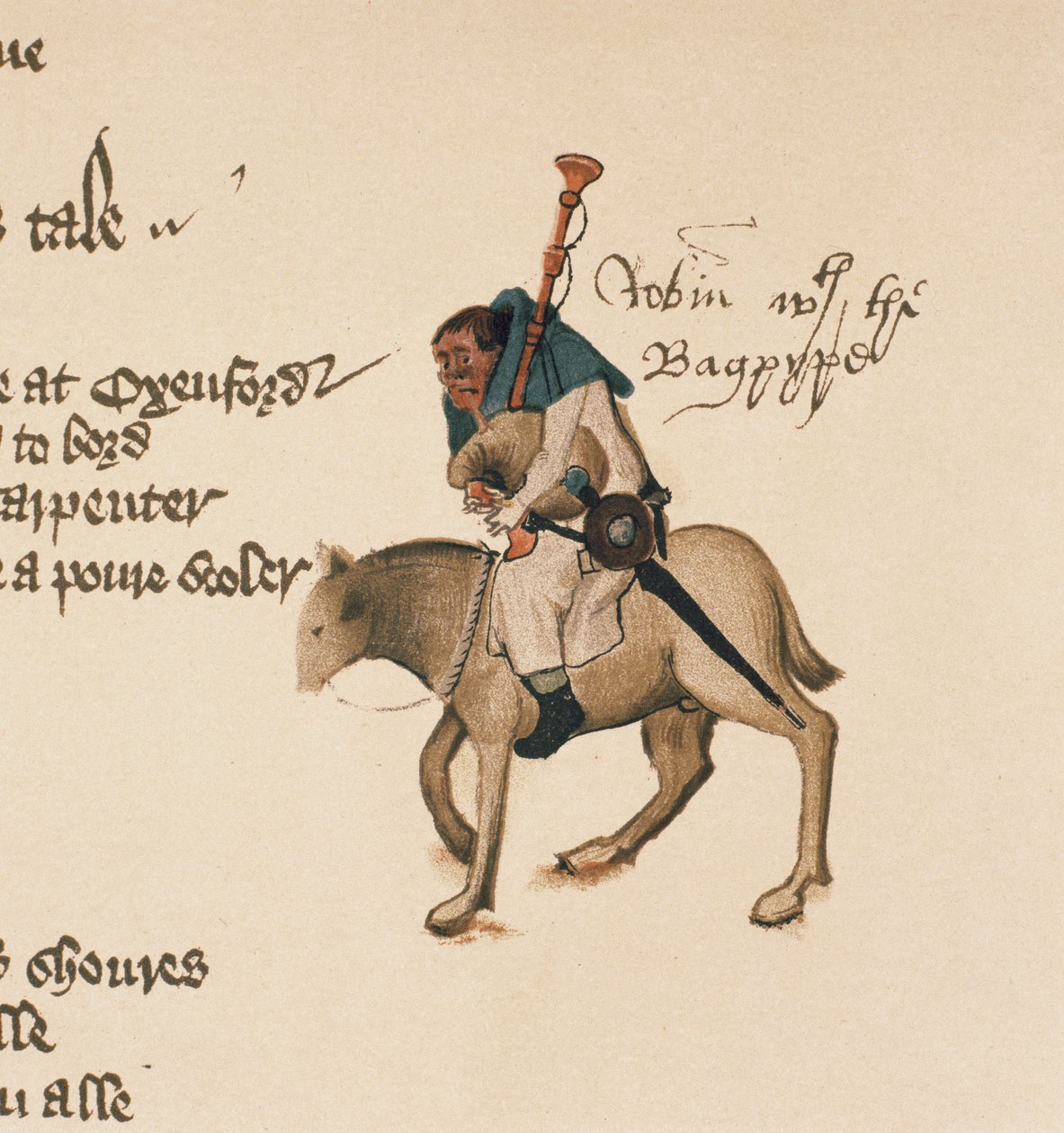 The Miller, részlet a Canterbury-mesékből, Geoffrey Chaucer (c.1342-1400) Ellesmere-kézirat, fakszimile kiadás, 1911 (az eredeti részleteket lásd: 128928) alkotó: English School