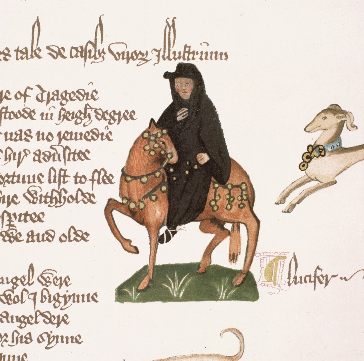 A szerzetes, részlet a Canterbury-mesékből, Geoffrey Chaucer (c.1342-1400) Ellesmere-kézirat, fakszimile kiadás, 1911 (az eredetit lásd: 128925) alkotó: English School