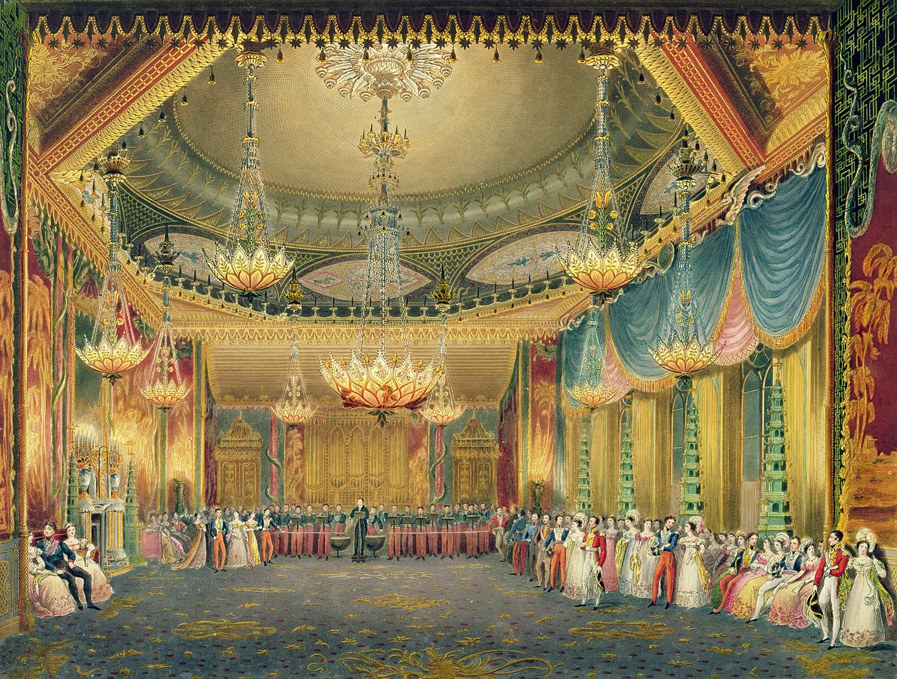The Music Room, a Views of the Royal Pavilion, Brightonból, John Nash (1752-1835) 1826 (akvatinta) alkotó: English School