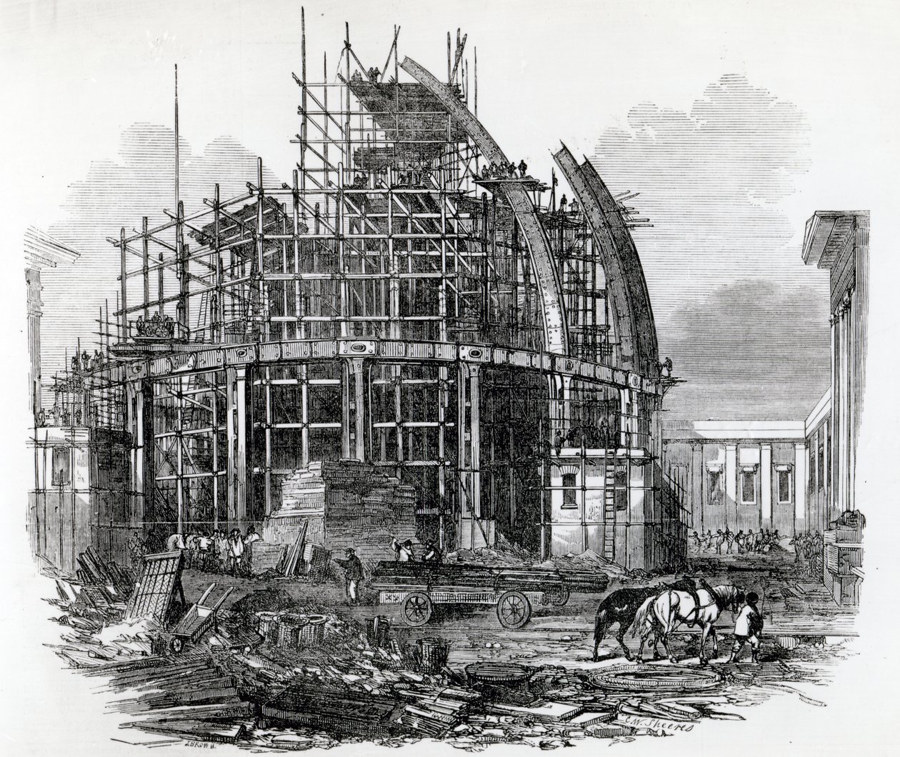 Az új olvasóterem a British Museumban, építés alatt, C.W.Sheeres metszete, megjelent a „The Illustrated London News”-ban, 1855. április 14. alkotó: English School