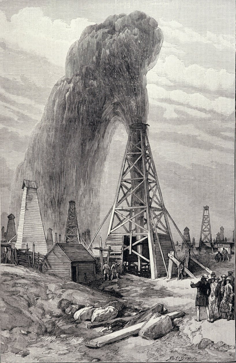 Kőolaj-kút Bakuban a Kaszpi-tengeren: Kőolaj-kút, a „The Illustrated London News”-ból, 1886. december 6. alkotó: English School