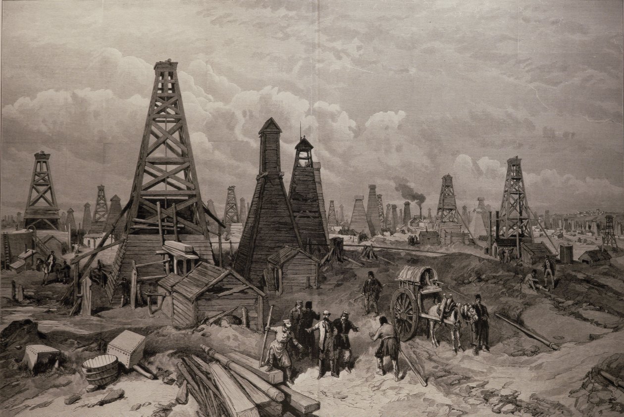 Kőolaj-kút Bakuban a Kaszpi-tenger mellett, a „The Illustrated London News”-ból, 1886. június 19. alkotó: English School
