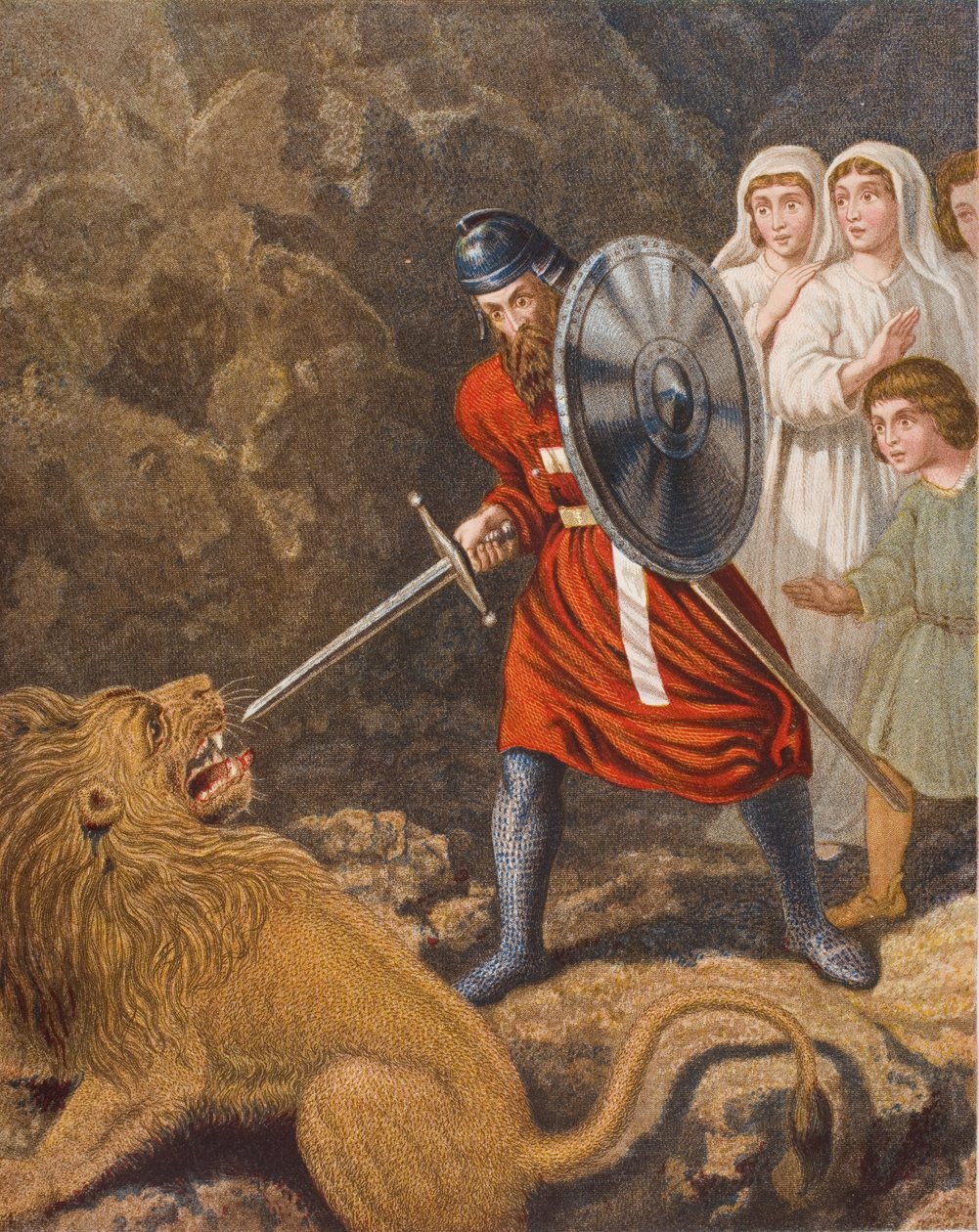 A zarándok találkozása egy oroszlánnal, illusztráció John Bunyan (1628-88) „A zarándok haladásából” alkotó: English School