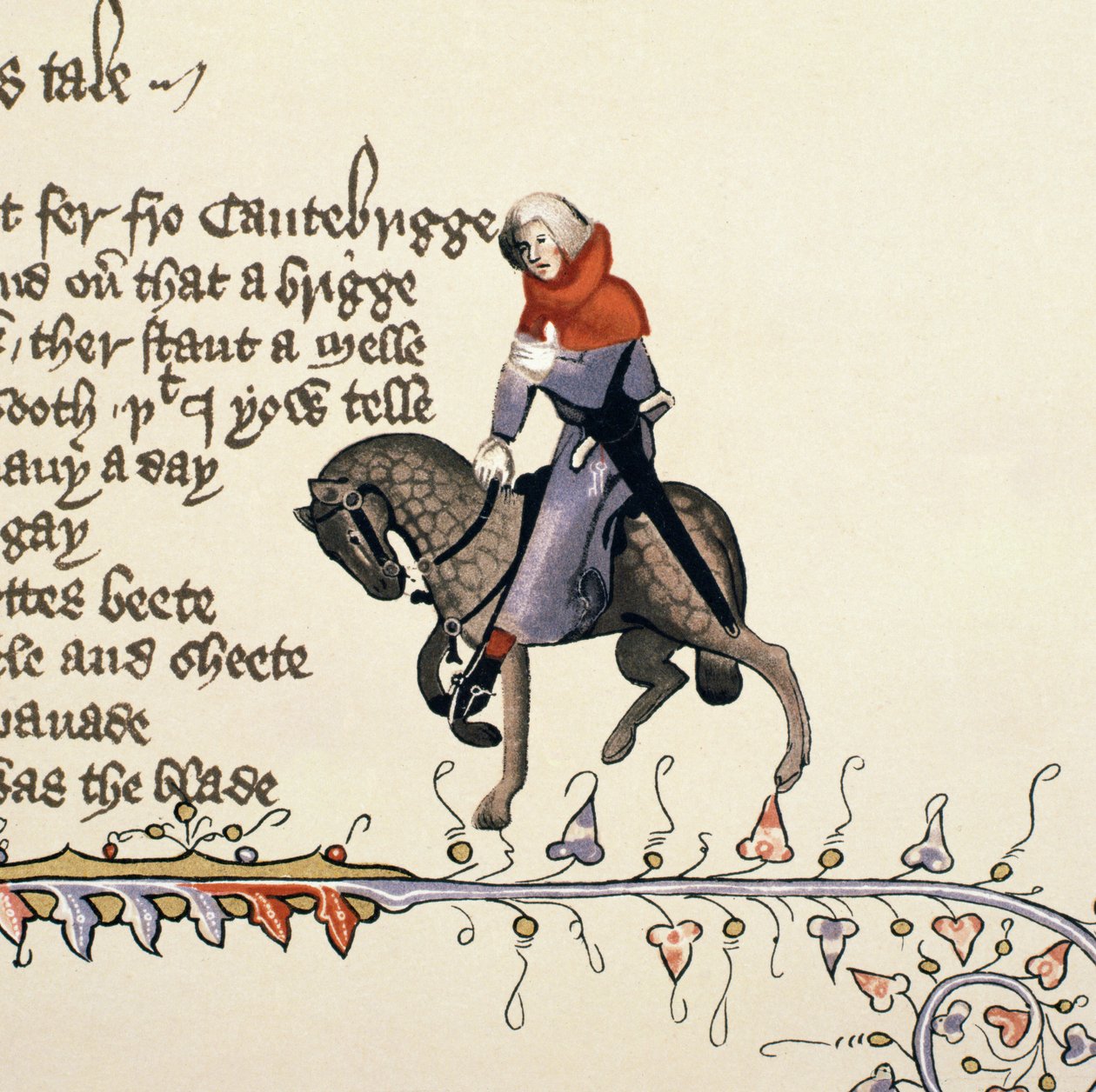 The Reeve, részlet a Canterbury-mesékből, Geoffrey Chaucer (c.1342-1400) Ellesmere-kézirat, fakszimile kiadás, 1911 (az eredeti részleteket lásd: 128932) alkotó: English School