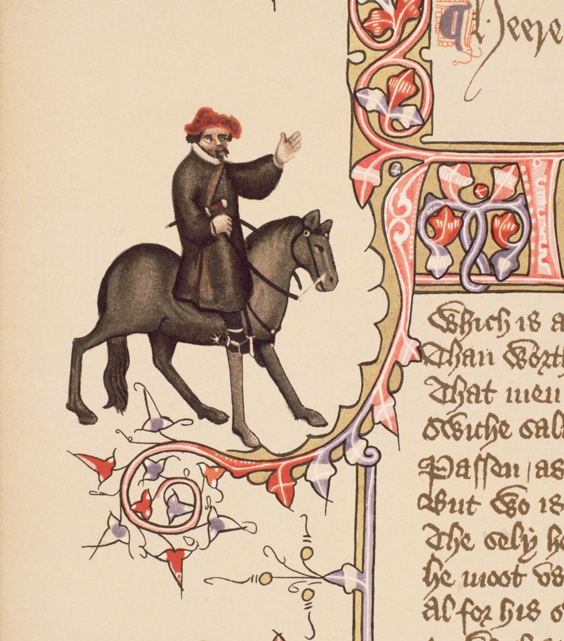 The Shipman, részlet a Canterbury-mesékből, Geoffrey Chaucer (c.1342-1400) Ellesmere-kézirat, fakszimile kiadás, 1911 (az eredeti részleteket lásd: 128912) alkotó: English School
