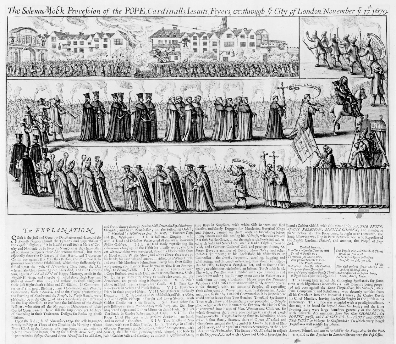 A pápa, a bíborosok, a jezsuiták és a fryerek ünnepélyes színlelt felvonulása London városán keresztül Erzsébet királynő napján, 1679. november 17-én. alkotó: English School